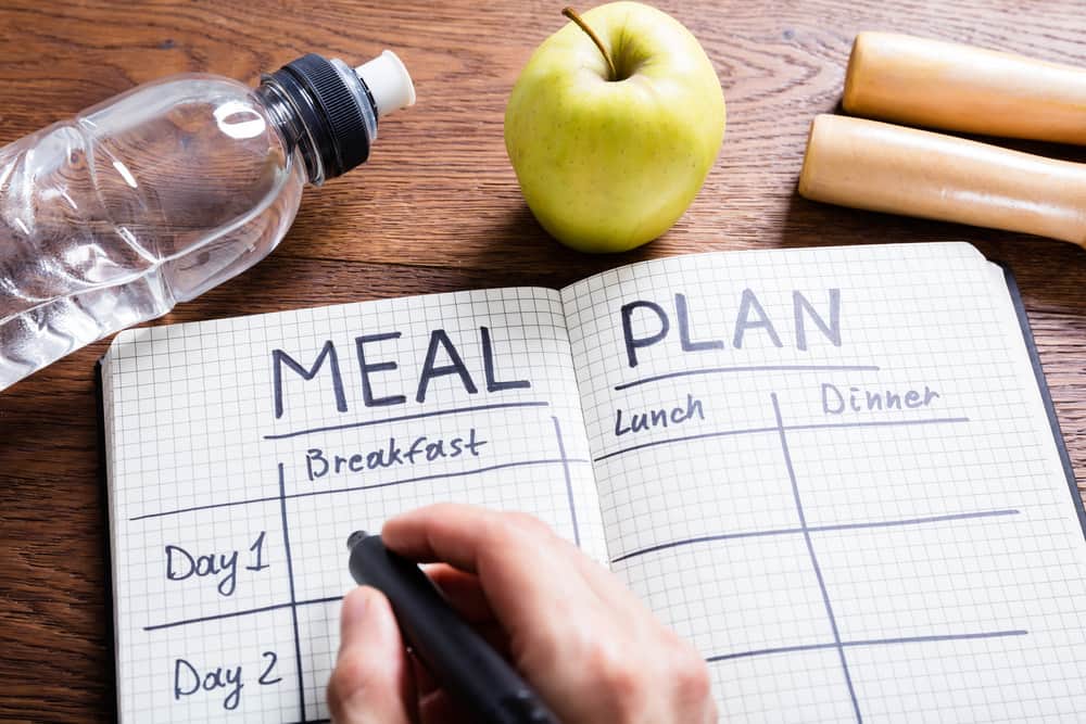person writing on a meal plan notebook
